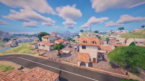 A view of some houses in the Fortnite map in Chapter 5 Season 1.