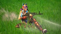 Fortnite OG shows just how much battle royales have evolved: Fortnite character Renegade Lynx slides across a grassy area near Tomato Temple