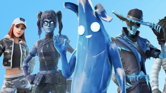 Fortnite characters stand against a blue background.