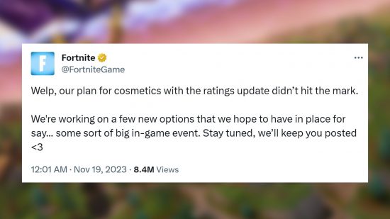 Fortnite skins age rating: a screenshot of a Fortnite tweet, saying more age rating improvements are coming in time for a big event