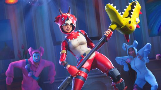 Fortnite skins age rating: a woman in a red dinosaur onesie holding a giant grabber like a club