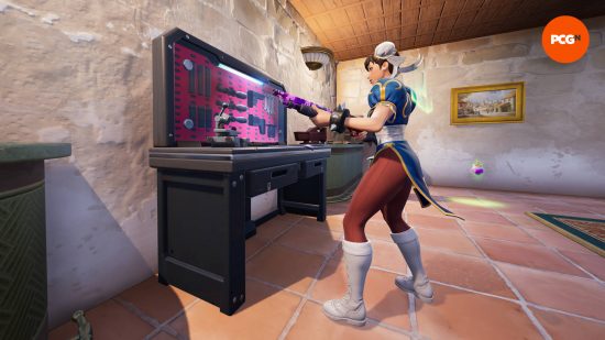 Chun-Li is examining the brand new Fortnite weapons attachments workbench.