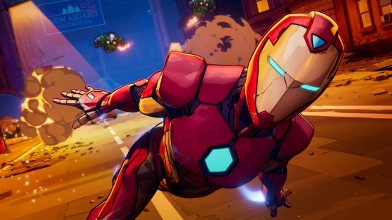 Free PC games: Iron Man flies away from an explosion in New Asgard as supervillains give chase in Marvel Snap.