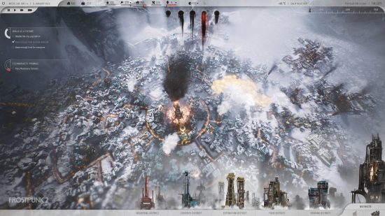 Jugabilidad de Frostpunk 2: una captura de pantalla de la jugabilidad del juego de estrategia de 11 Bit Studios.  Una ciudad industrial gigante y en expansión se extiende sobre un páramo nevado.