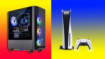 Gaming PC PS5 build under $500: a gaming PC appears on the left against a red and yellow background and a PS5 and controller appears on the right against a blue and yellow background.