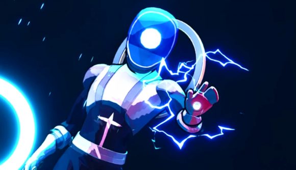 Gatekeeper: Infinity is Diablo meets Risk of Rain in a free Steam roguelike game - A figure in a white and blue suit and helmet holds out their hand, which is surrounded by sparks of electricity.