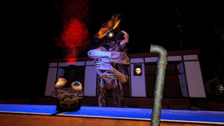 Golden Light - The player approaches a bizarre creature with a length of pipe in their hand.