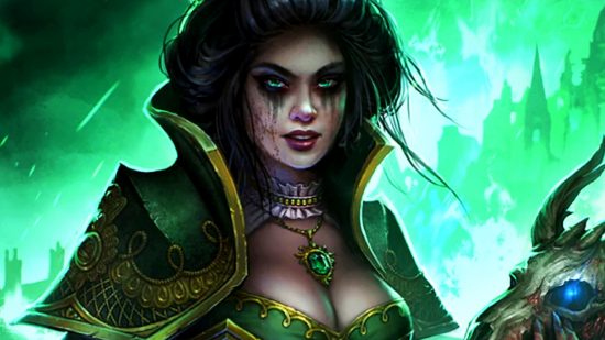 Grim Dawn - A Necromancer in a green cloak with big, jet-black hair and dark eyeshadow running down her face in this dark fantasy, Diablo-style RPG.