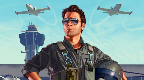GTA 6 cheats: A pilot stands heroically a la Maverick from Top Gun as planes fly overhead.