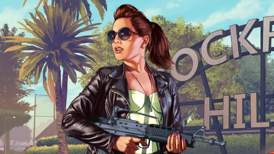 GTA 6 cheats: A glamorous woman wearing large sunglasses and a leather jacket wields a weapon.