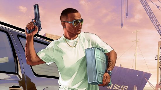 GTA 6 cheats: A man carrying a metal briefcase and wieldiing a pistol looks over his shoulder as he flees the scene of his crime.