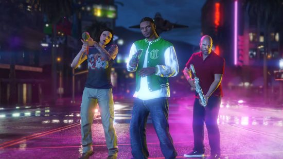 Three people standing on a neon-lit street, holding potential GTA 6 guns and weapons that we'd love to see.