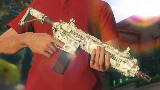 A man holding a white Carbine Assault Rifle, which is perhaps one of the most aniticipated GTA 6 weapons and guns that we can think of.