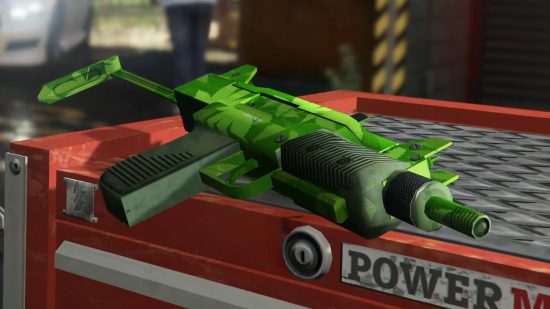 A green Micro SMG lying on top of a toolbox. It's one of the GTA 6 weapons and guns that should be in the new game.