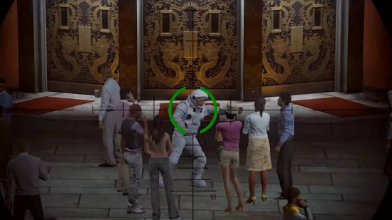 A zoomed in sniper rifle showing a man in a spacesuit entertaining a crowd. It's the best long-range weapon we can hope for in the GTA 6 guns arsenal.