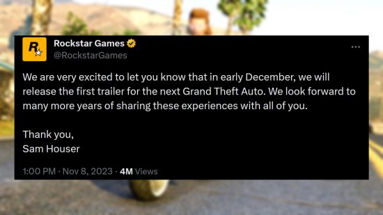 GTA 6 trailer confirmed - Message from Rockstar Games: "We are very excited to let you know that in early December, we will release the first trailer for the next Grand Theft Auto. We look forward to many more years of sharing these experiences with all of you. Thank you, Sam Houser."