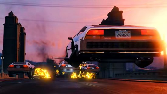 GTA Online The Doomsday Heist: cuatro coches voladores despegan de una autopista.