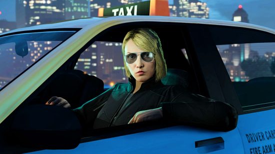 GTA Online weekly update November 9, 2023 - A woman in shades sits in the driver seat of a Taxi cab, her arm resting on the door frame with the window down.