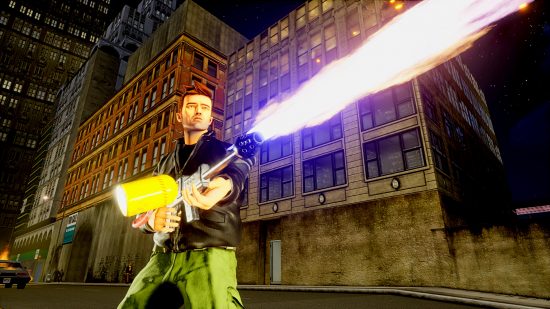 GTA Trilogy Definitive Edition sale - Claude, the protagonist of GTA 3, using a flamethrower.