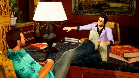 GTA Trilogy Definitive Edition Steam sale - Vice City protagonist Tommy Vercetti talks to lawyer Ken Rosenberg in an office.