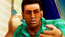 Get Rockstar's defining GTA Trilogy of Grand Theft Auto 3, Vice City, and San Andreas cheap in Steam sale deal - Vice City protagonist Tommy Vercetti on the phone, wearing his traditional Hawaiian shirt.
