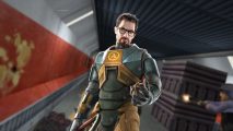 Half-Life Absolute Zero: a man with short brown hair, a beard, and glasses in an orange suit holding a crowbar