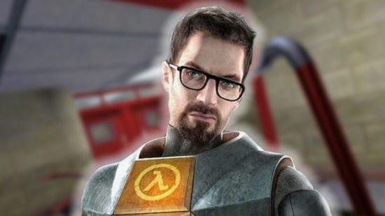 Half-Life free game mods: a man in a black and orange radiation suit with short brown hair, a trimmed beard, and glasses