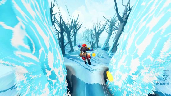 Haste: Broken Worlds on Steam - A figure wearing red with long, brown hair reaches out as they leap across a frozen chasm, passing between two waterfalls.