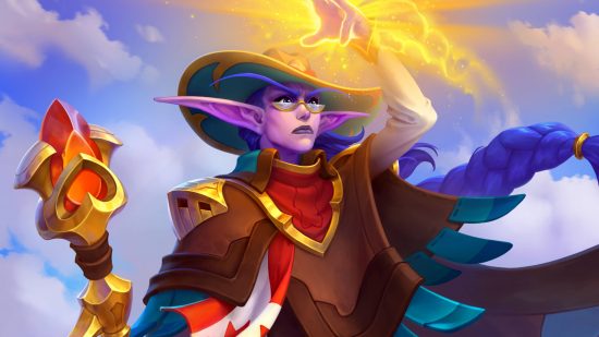 Hearthstone devs reveal the "secret sauce" that's kept the game alive: A night elf from World of Warcraft with purple skin and hair with half moon glasses wearing a wide brimmed cowboy hat conjuring golden light from her hand holding a staff with a red gem at the top