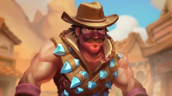 Hearthstone's catch-up packs aren't just "another thing to buy": A cartoon man with a ginger beard wearing a cowboy jacket with glowing blue crystals on it on a Western background