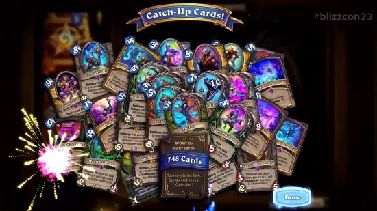 Hearthstone's catch-up packs aren't just "another thing to buy": A collection of Hearthstone cards called 'catch-up cards' on a black background