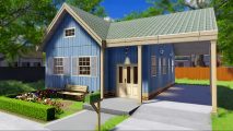 A blue-walled house that has been built from scratch in House Flipper 2 sandbox mode.