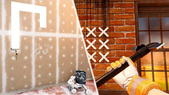 An image split in two, on the left side, the player paints a wall, on the right, the player holds a hammer and a section of wall is highlighted to be brought down.