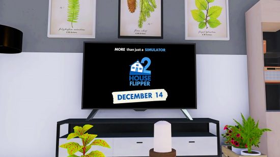 The House Flipper 2 release date appears on a TV screen in a renovated, in-game lounge.
