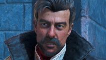 Immortals of Aveum free update and Steam demo - A man with greying hair and beard in a stylish coat with a high collar.