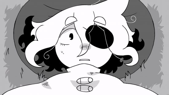 In Stars and Time Steam: a close up of a person lay on some grass in black and white color, with an eyepatch, long hair and a big hat