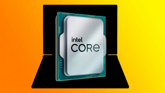 Intel Core i7 14700HX benchmark leak CPU laptop: an Intel Core chip appears in front of a black silhouette of a laptop against an orange and yellow background.