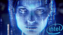 New Intel Arc driver Halo fps: a blue projection of a woman's face appears with the Intel logo in the bottom right corner.