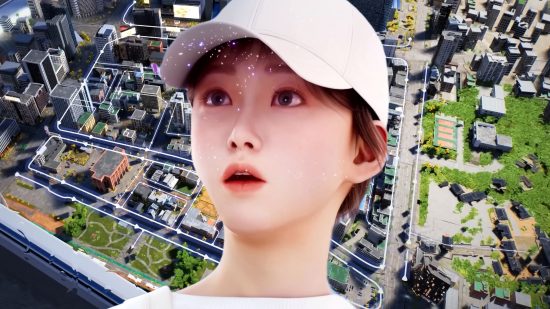Inzoi release date: A Zoi stares in amazement at a pink butterfly against a backdrop of the life sim's city map.