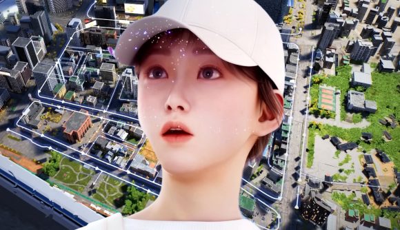 Inzoi release date: A Zoi stares in amazement at a pink butterfly against a backdrop of the life sim's city map.
