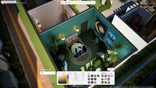Inzoi release date: A snapshot of build mode in the life sim, which include the AI prompt generator for patterns and colors.