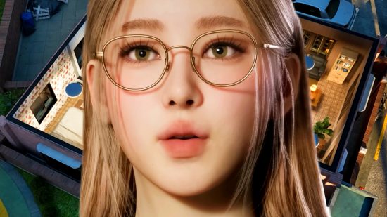 inZOI - A blonde-haired woman in glasses in front of a top-down view of a house, in this new The Sims rival from PUBG studio Krafton.