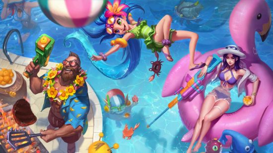 Is LoL on Steam: three colorful characters have fun pool-side.