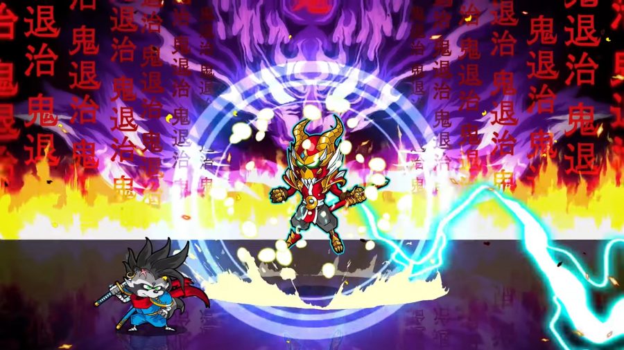 Jitsu Squad - A figure poses in red and gold armor, lightning sparking from them heroically. Flames rise up behind them as a purple demon lurks in the background.
