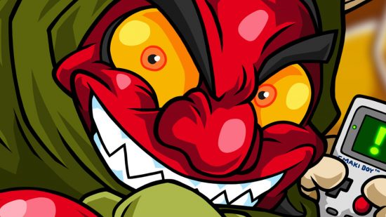 Jitsu Squad - A red-faced, hellow-eyed demon grins as he plays on a handheld gaming console.