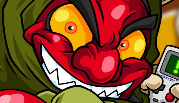 Jitsu Squad - A red-faced, hellow-eyed demon grins as he plays on a handheld gaming console.