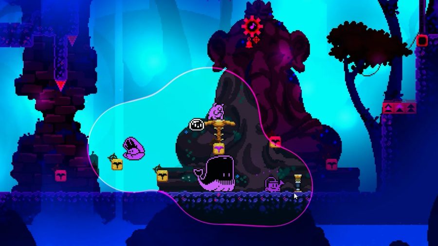 An in-game screenshot featuring a whale, a clam, and more creatures completing a Karmazoo loop.