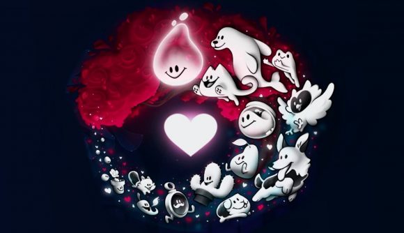 A series of white animals surrounding a white heart, the icon for KarmaZoo.