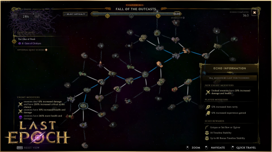 Last Epoch Echo modifiers - A screenshot of the endgame system featuring numerous nodes.