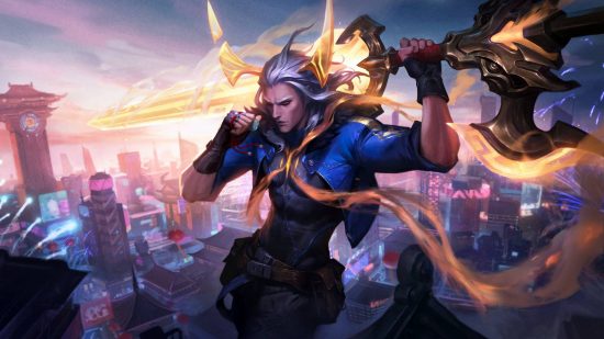 Forget Loldle, there's a new League of Legends quiz in town: A skinny man in a blue bomber jacket with white hair holds a golden sword on his back standing above a futuristic cityscape
